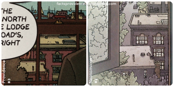 The views of Salem/Innsmouth from the hotel window in Providence (left) and Neonomicon (right.) Art by Jacen Burrows.