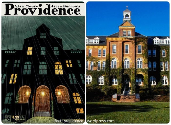 Providence 6 cover, left, and Alumni Hall, right. Photo via Wikipedia.